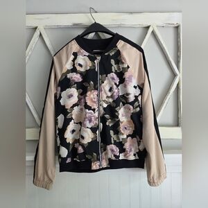 Ci Sono Floral Bomber Jacket Size Medium Black And Rosy Cream Retro Classic